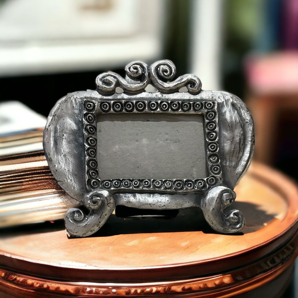 Vintage 3” x 2” Pewter Surrealist PUMPKIN Picture Frame Brushed Silver